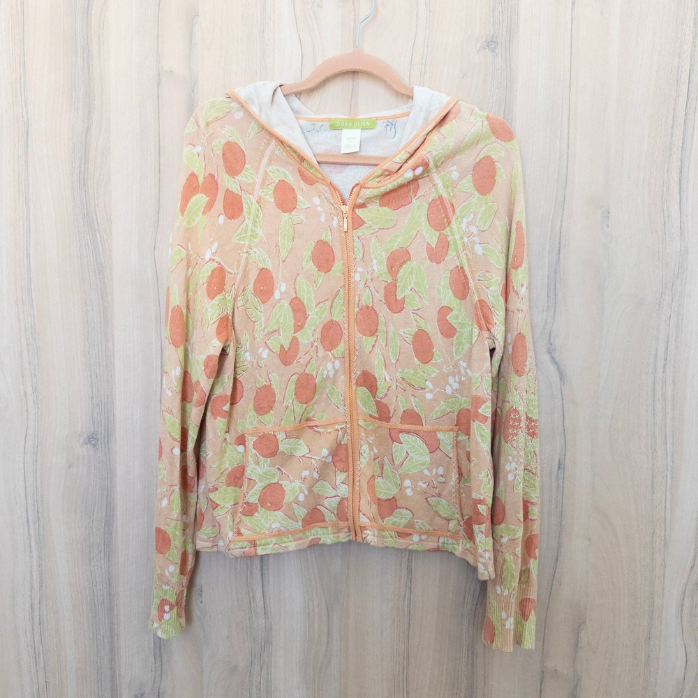 Sigrid Olsen Womens Silk Blend Fruit Print Hooded Sweater Large Zip Up Summer